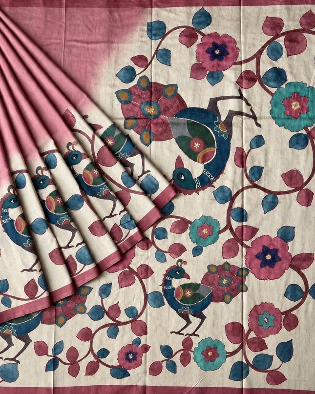Tusser Saree with Floral and Peacock  Print with Kantha Work and contrast Border - Pink