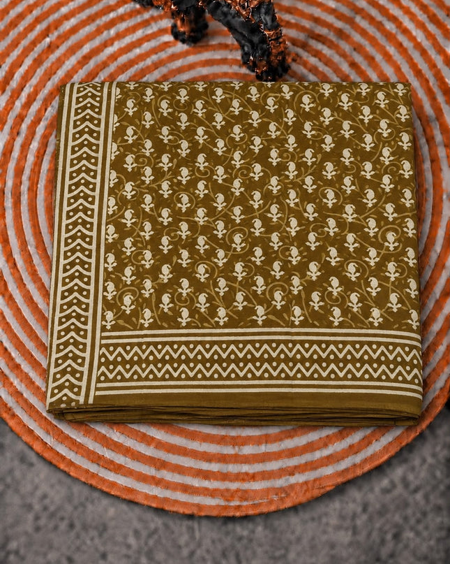 Mul Cotton Saree with  Block Printed - Mehandi Green