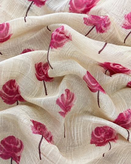 Linen Saree with Floral Print and Kardhana Work - Beige &Pink