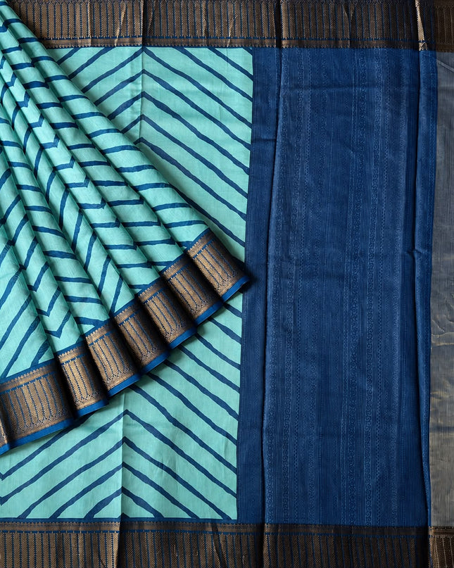 Maheshwari Silk With Zig Zag Print and Antic Zari Border  - Sky Blue