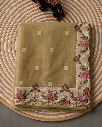 Linen Tissue Saree with square boxes Butties and Cross stich Scallop Border -  Mustard