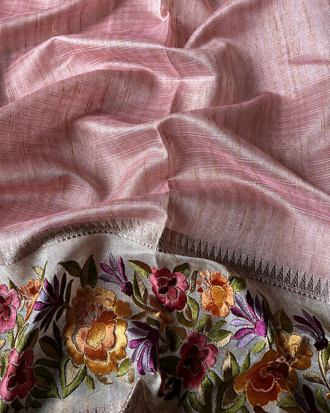 Kora Tusser saree Gap Border with Parce Work Border -  Light Pink