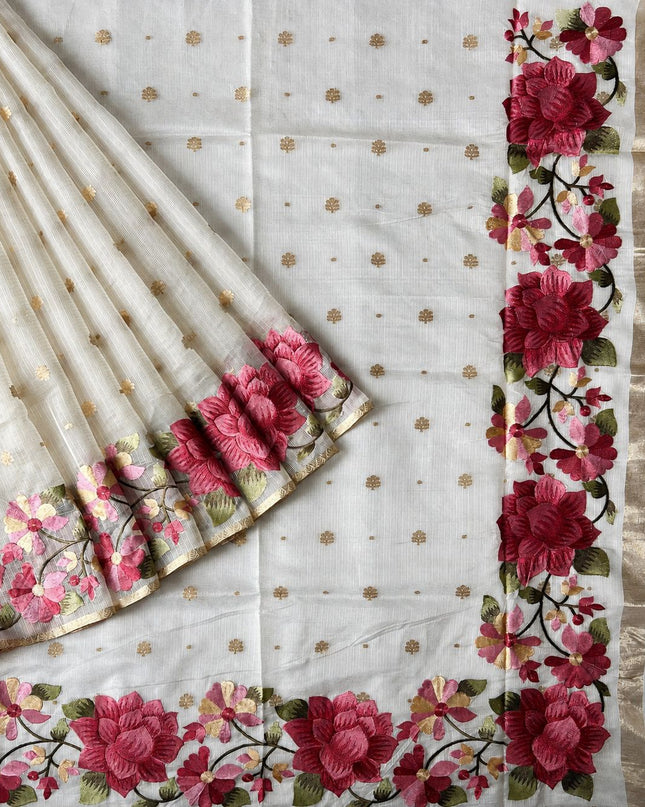 Kota Silk saree with Golden Buttes and Thread Embroidery Borer - Cream