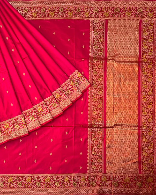 Kathan Silk Saree With All over Golden Buttes and Golden Zari Weaving Border - Rani Pink