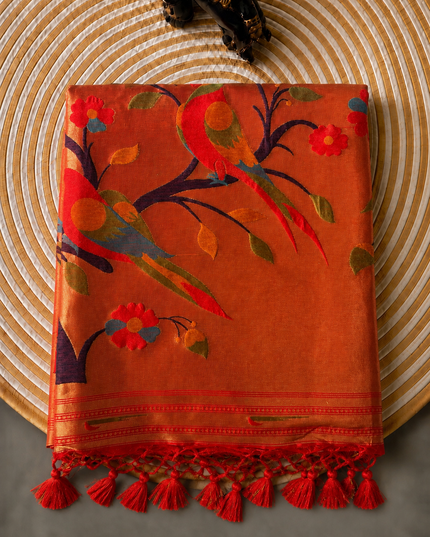 Chanderi  Saree with All over Golden Butties and muniya Border - Red