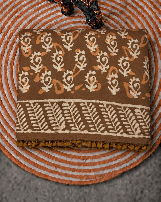 Mul Cotton Saree with Hand  Floral Print Border- Brown
