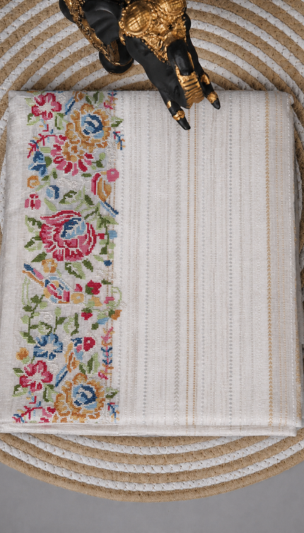 Soft  Tissue Orznga  Saree With Allover Gold and Silver Zari Lines Design with  petite point work Border - Cream