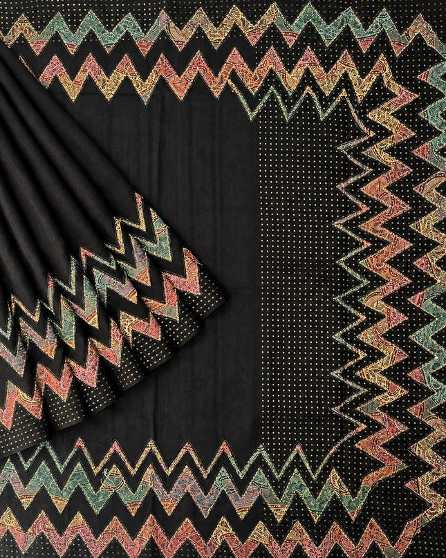Tusser Saree with  Zig Zag Kantha Work - Black