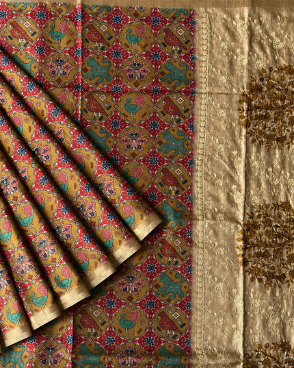 Tusser Silk Saree with Patola Print and Contrast Border - Mustard Yellow