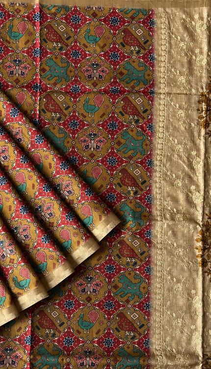 Tusser Silk Saree with Patola Print and Contrast Border - Mustard Yellow