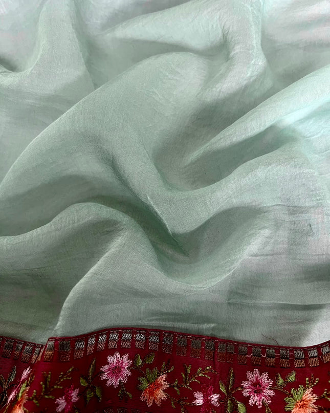 Mul Chanderi saree with Weaving Stripes and lace Border -Light Grey