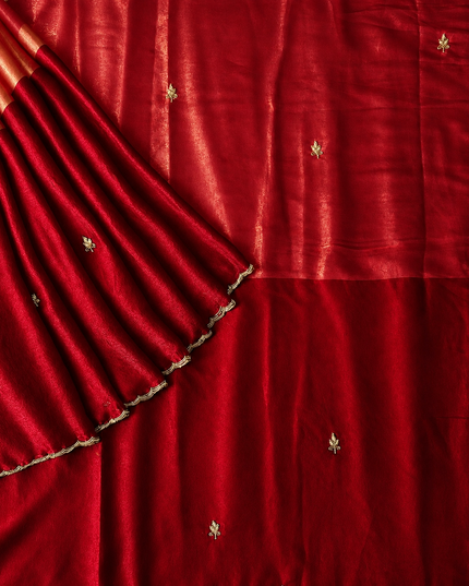 Space silk saree with Allover Karahan Butties Pearl Work and Scallop Border   - Red