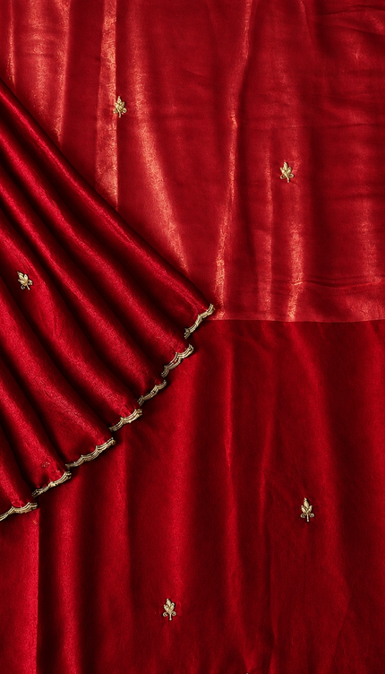 Space silk saree with Allover Karahan Butties Pearl Work and Scallop Border   - Red