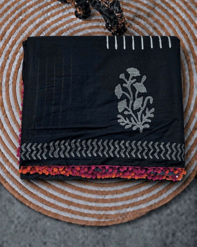 Mul Cotton Saree with Floral Print - Black