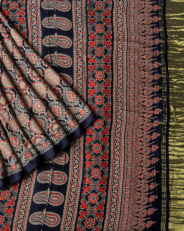 Modal silk saree with ajrakh Design and  Contrast Border -  Navy