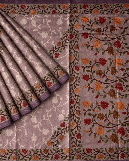 Tusser Silk Saree With Ari work and Floral Print and Contrast  Border - Onion Pink