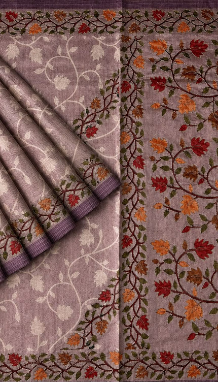Tusser Silk Saree With Ari work and Floral Print and Contrast  Border - Onion Pink