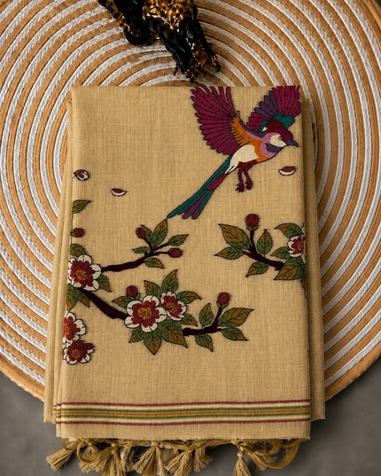 Cotton Chanderi Jamdani Saree withfloral Print Golden Border - Beige