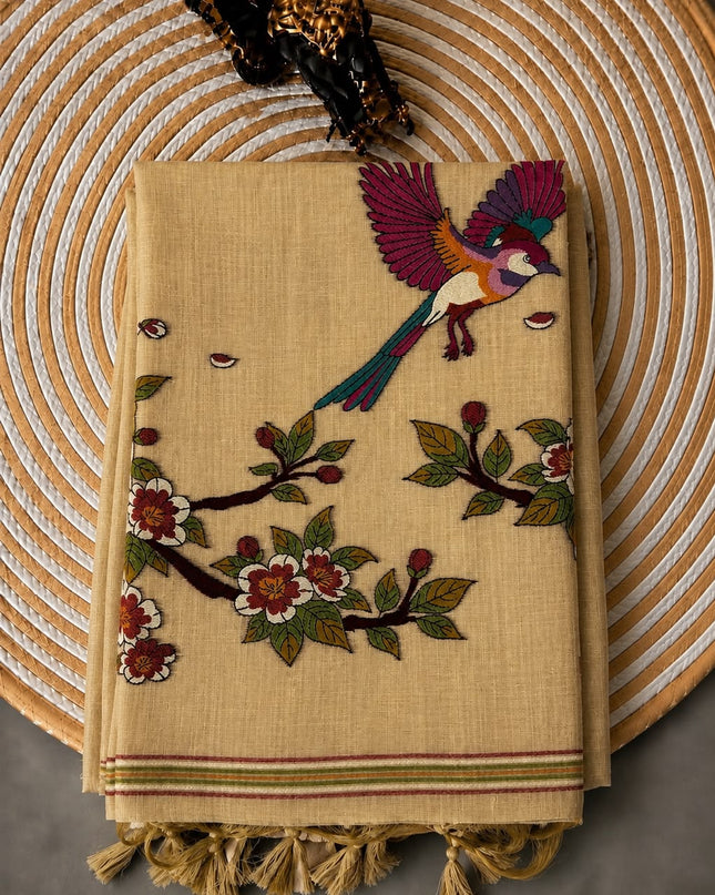 Cotton Chanderi Jamdani Saree withfloral Print Golden Border - Beige