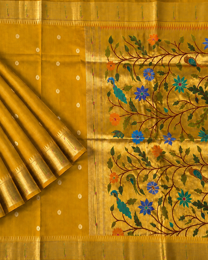 Chanderi  Saree with All over Golden Butties and muniya Border - Mustard