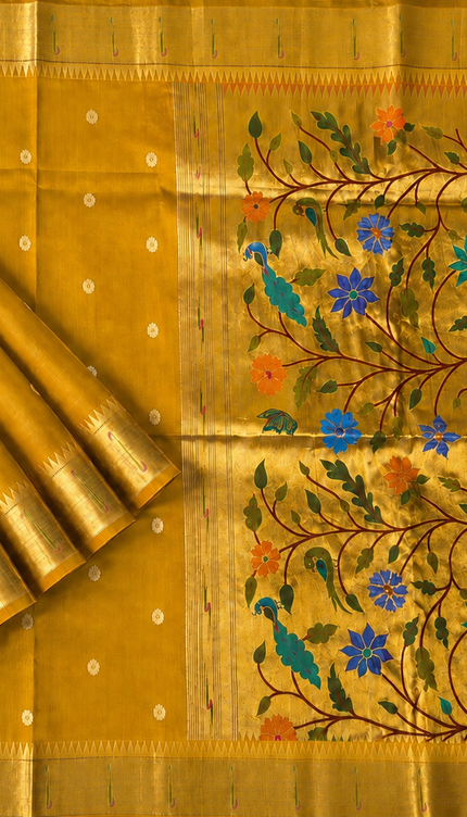 Chanderi  Saree with All over Golden Butties and muniya Border - Mustard