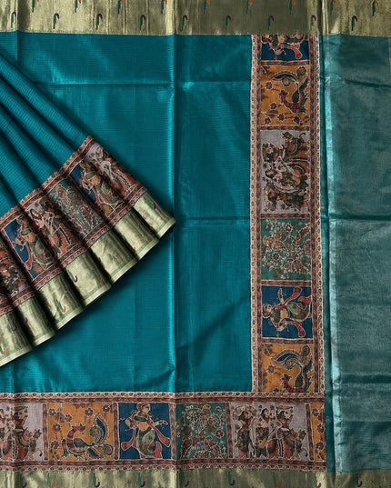 Kota Silk Saree with Kalamkari Dori Work and Muniya Border  - Rama Green
