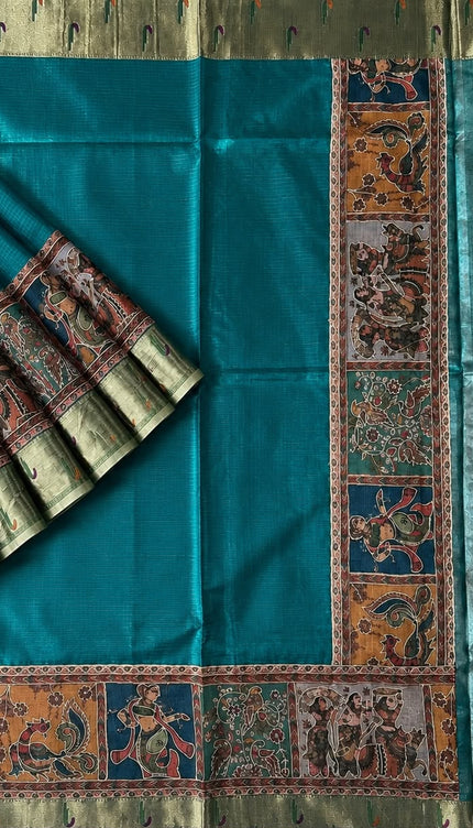 Kota Silk Saree with Kalamkari Dori Work and Muniya Border  - Rama Green