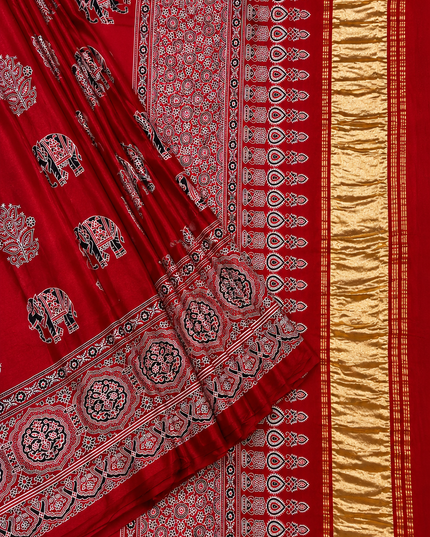 Modal silk saree with  ajrakh Design and Small Border  - Red