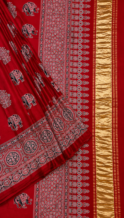 Modal silk saree with  ajrakh Design and Small Border  - Red