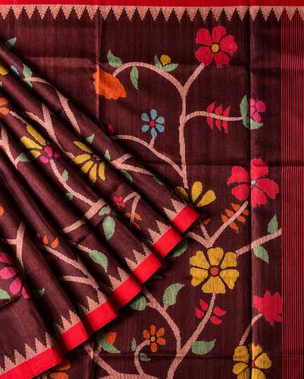 Tusser Jamdani Saree Weaving Butties  With Contrast Border- Coffee Brown