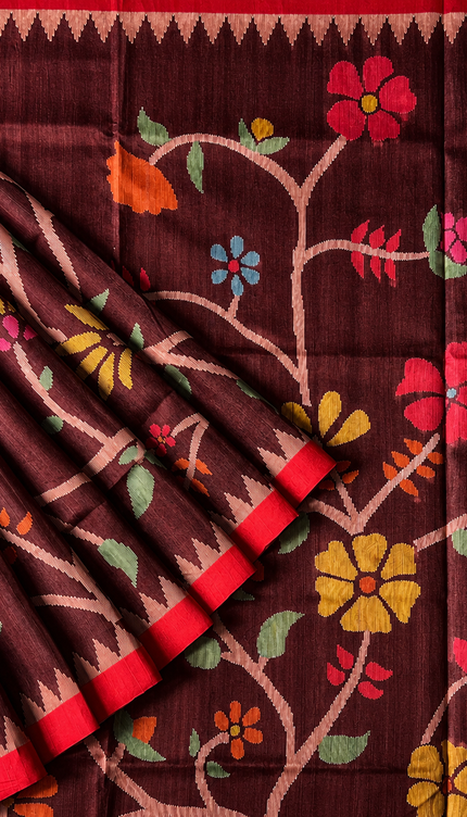 Tusser Jamdani Saree Weaving Butties  With Contrast Border- Coffee Brown