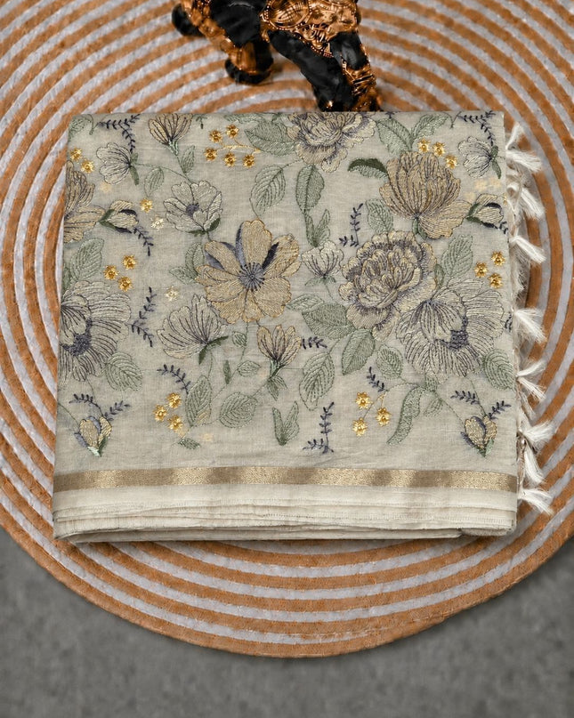 Mul  chanderi saree with thread embroidery Work and Small Border -  Off White