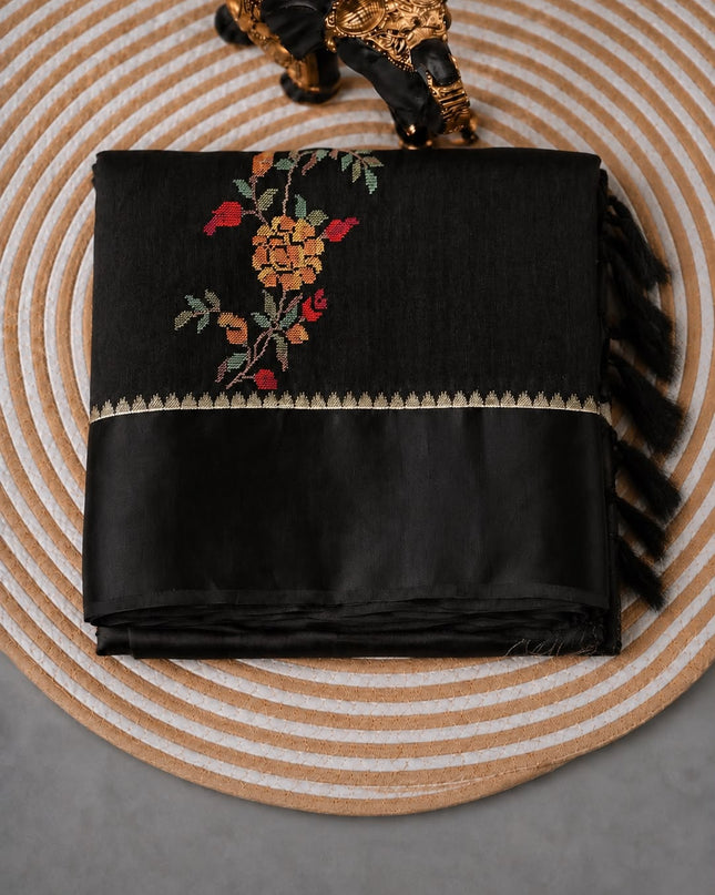 Jute Tusser Silk Saree With Cross Stich Work Border- Black
