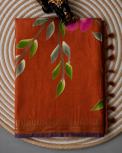 Pure Silk Saree With All Over Hand Painting  and Temple  Border -Rust Orange