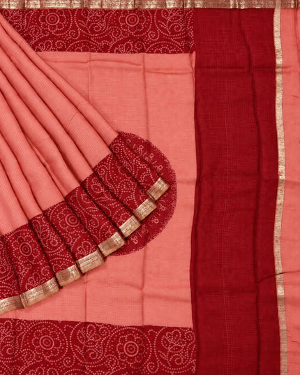 Pure Silk Kota Saree With Bhandni Print and Small Kanchi Border - Coral