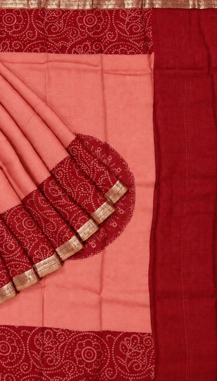 Pure Silk Kota Saree With Bhandni Print and Small Kanchi Border - Coral