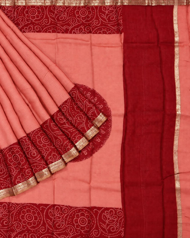 Pure Silk Kota Saree With Bhandni Print and Small Kanchi Border - Coral