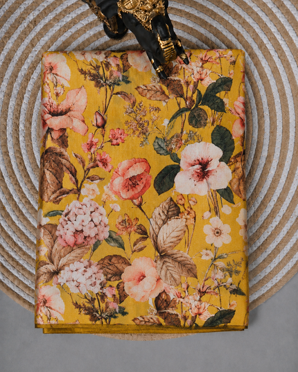 Crepe Saree with Digital Printed with small Border- Mustard