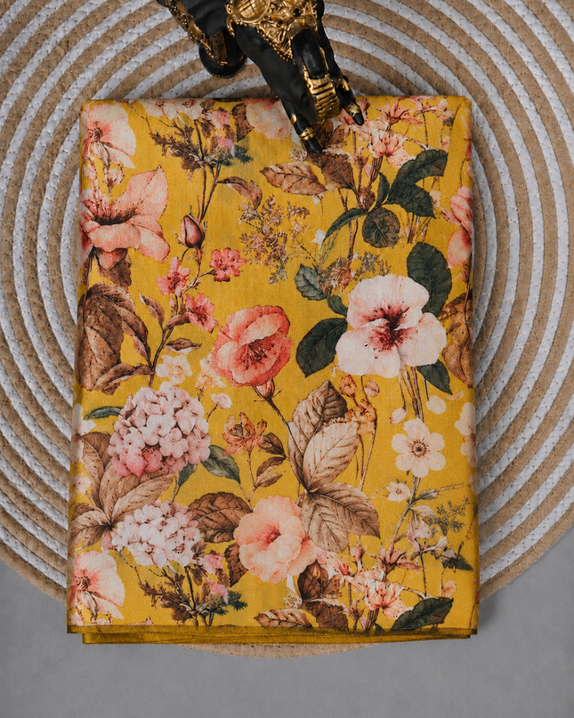 Crepe Saree with Digital Printed with small Border- Mustard