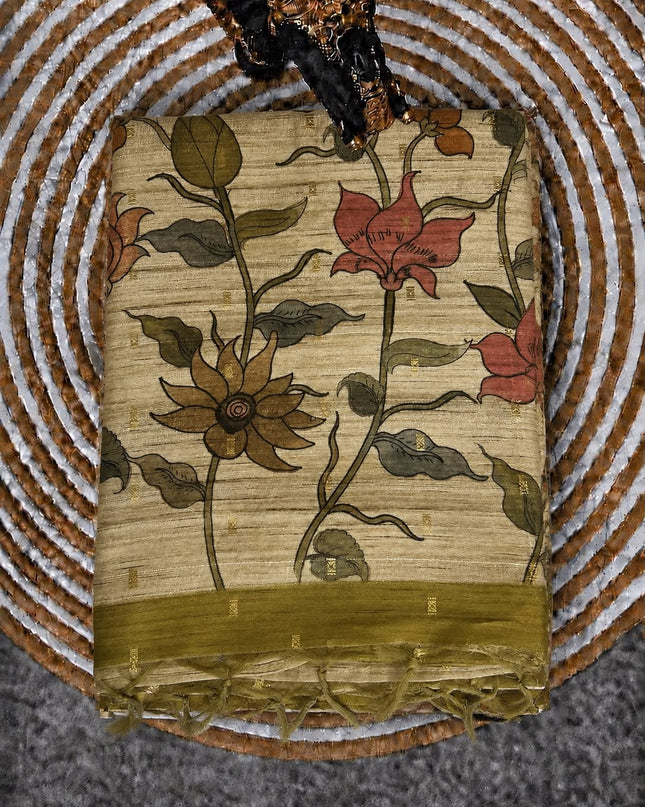 Tusser Saree With Floral Print  and small gold Buttes with and Golden Border  -   Mehandi Green