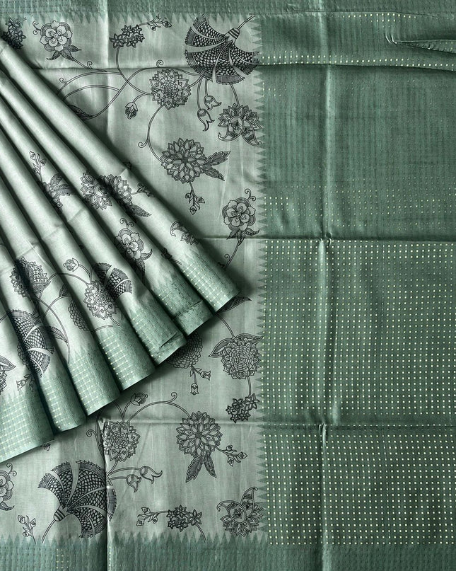 Tusser Silk saree with Floral Print - Light Green