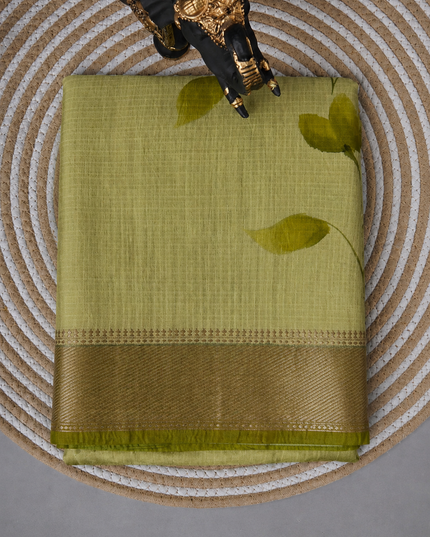 Munga Silk Saree With Floral Print and Kaddi Border -  Mehandi Green