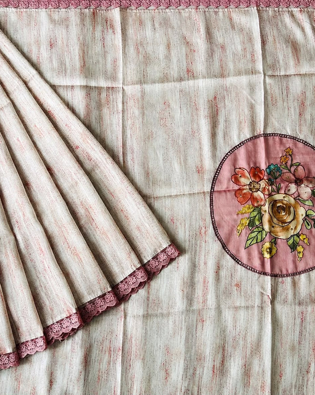 Tissue Chanderi Saree With Texture Print Design and Lace Border - Onion Pink