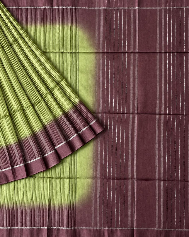 Chanderi Saree with Self Weaving  Lines contrast Border - Light Green & Onion Pink
