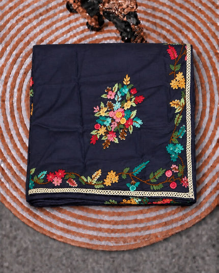 Russian Silk Saree with  Kantha Work - Navy Blue