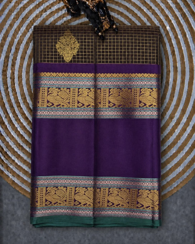 Pure Kanchi Pattu Saree With Allover Checks and Floral Motifs and  Gap Border -  Coffee Brown