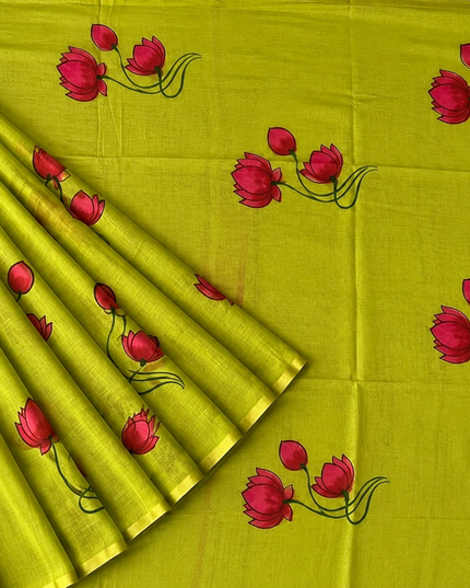 Mul cotton saree with Hand Painting  - Green