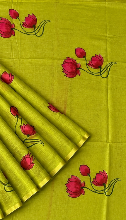 Mul cotton saree with Hand Painting  - Green