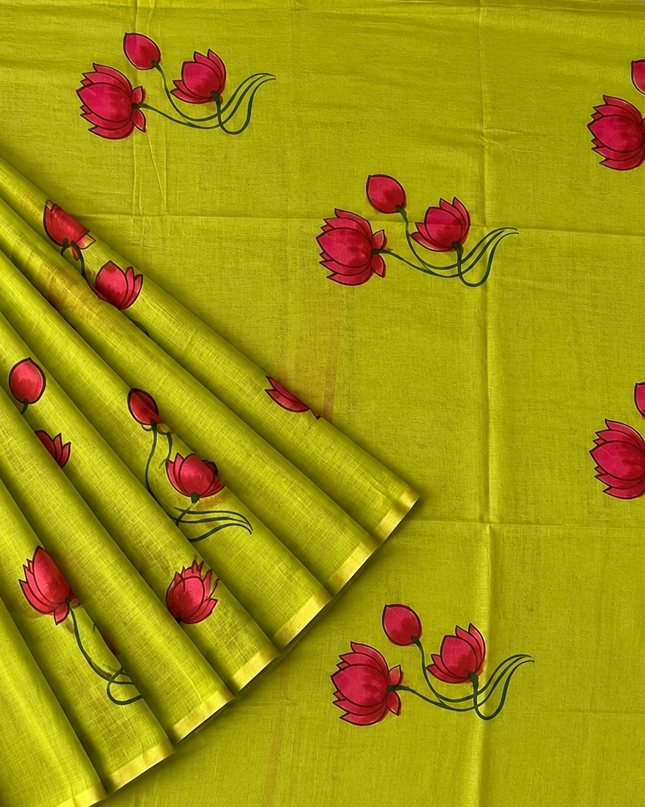 Mul cotton saree with Hand Painting  - Green
