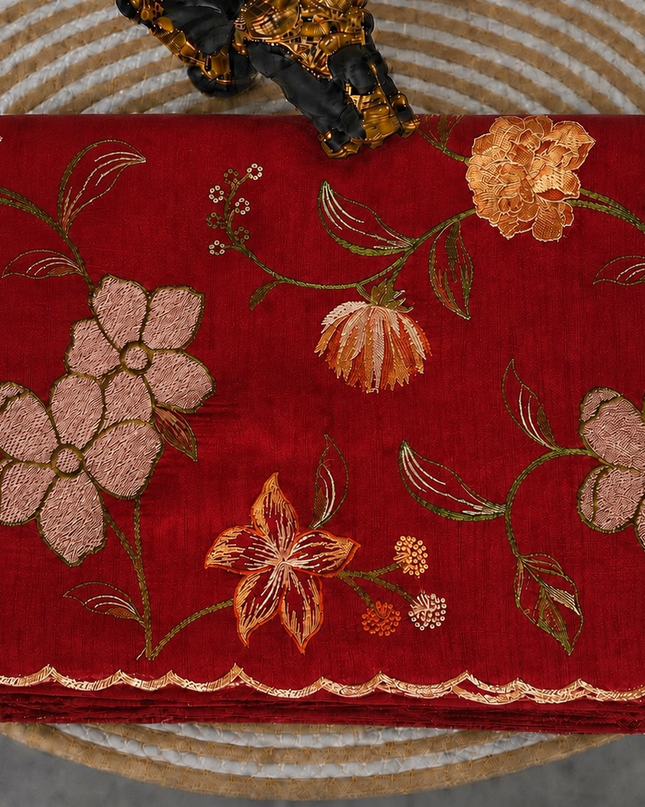 Jute Tusser Saree With All Over Thread Embroidery  Work Scallop Border - Red